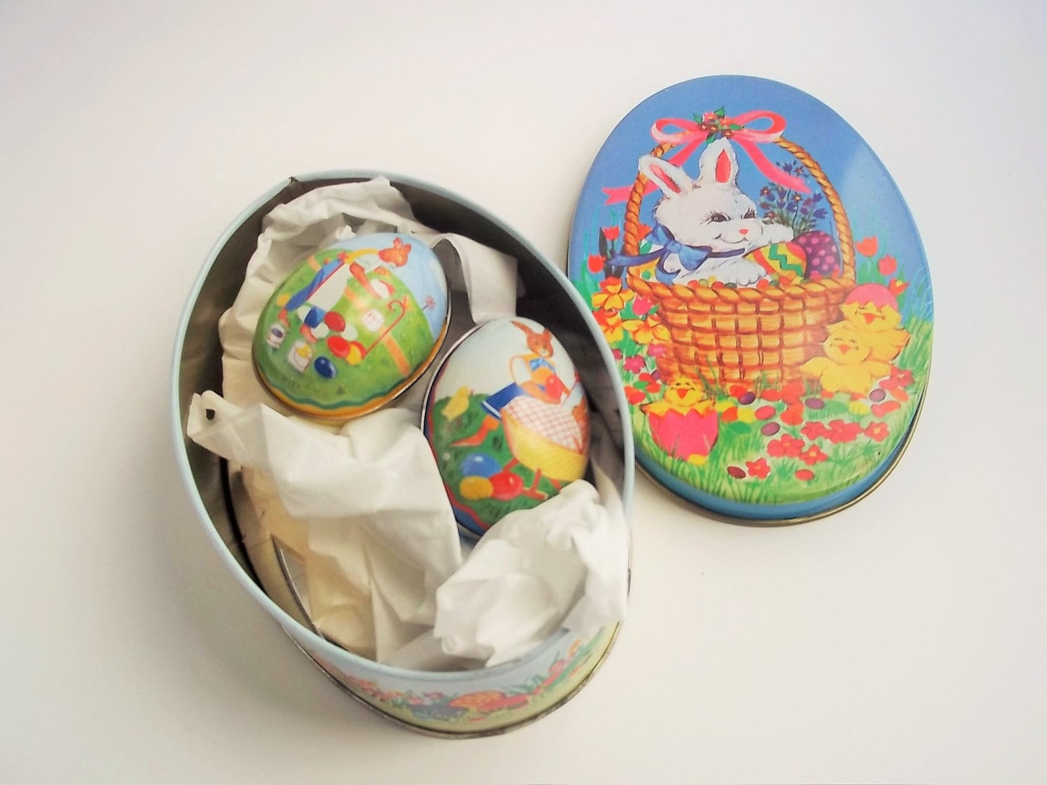Two Tin Easter Eggs. Easter Tin Box with Two Litho Tin Easter