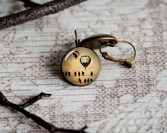 Hot air balloon and birds on wire earrings, silver plated stud posts or leverback dangles, sister's gift, mother's gift