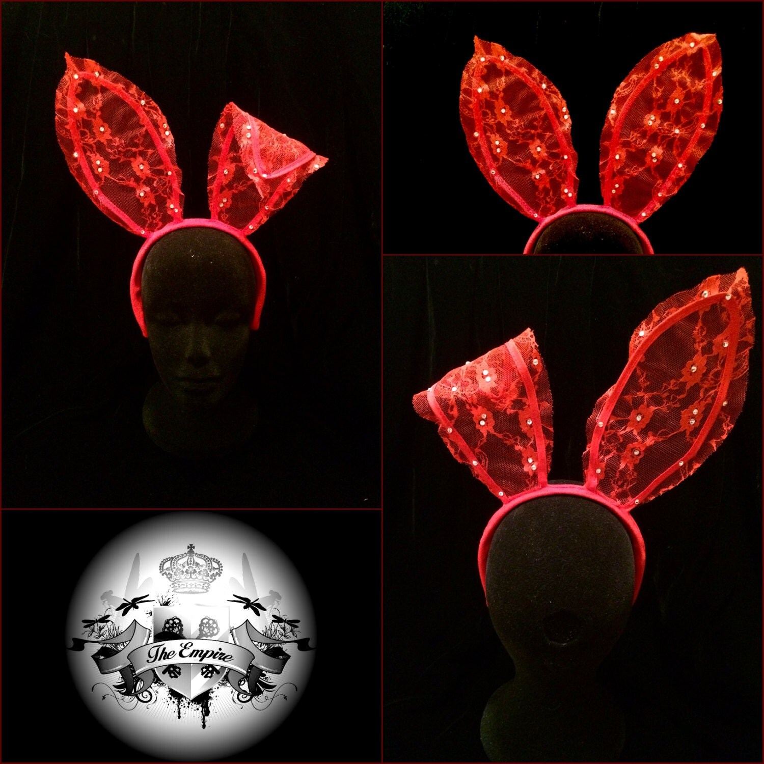 Red Lace Bunny Ears with Crystals. Burlesque Cabaret Vintage