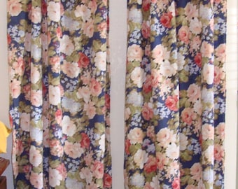 Shabby Chic Window Curtains, Vintage Fabric with cabbage roses. Raw tattered edge.