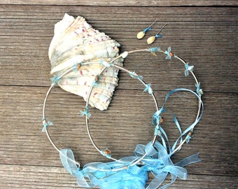 Stefana, orthodox wedding crowns, silver 925, handmade with real sea shells, organza ribbon, weddings, beach weddings