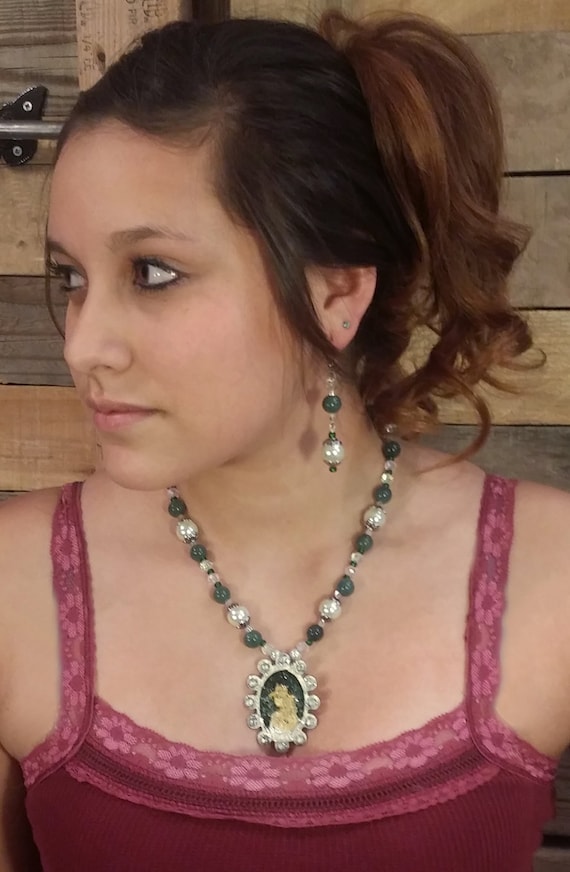 Jade Cowgirl Cameo Necklace set by VonTressPlace on Etsy