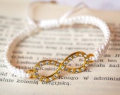 Gold infinity white macramÃ© bracelet, rhinestone charm bracelet, adjustable handmade macrame jewelry