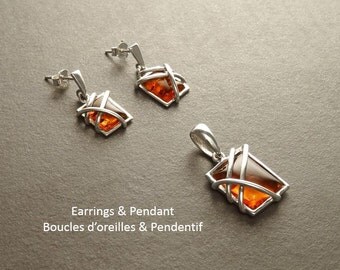Genuine Amber Set, Sterling Silver 925, Earrings and Pendant Set, Minimalist Square Shape Form,Amber Gemstone Jewelry,Modern Design Filigree