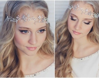 Crystal Hair Vine Crystal Decorated Wedding HeadBand HeadPiece Bridal Halo Bridal Hair Vine Tiara Diadem Veil Crystal Floral Halo Flower