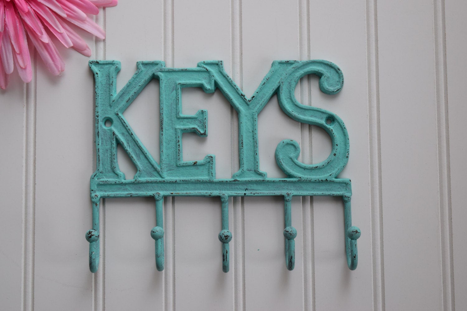 Keys Wall Hook in Distressed Pure White Teal by HookAndKnob