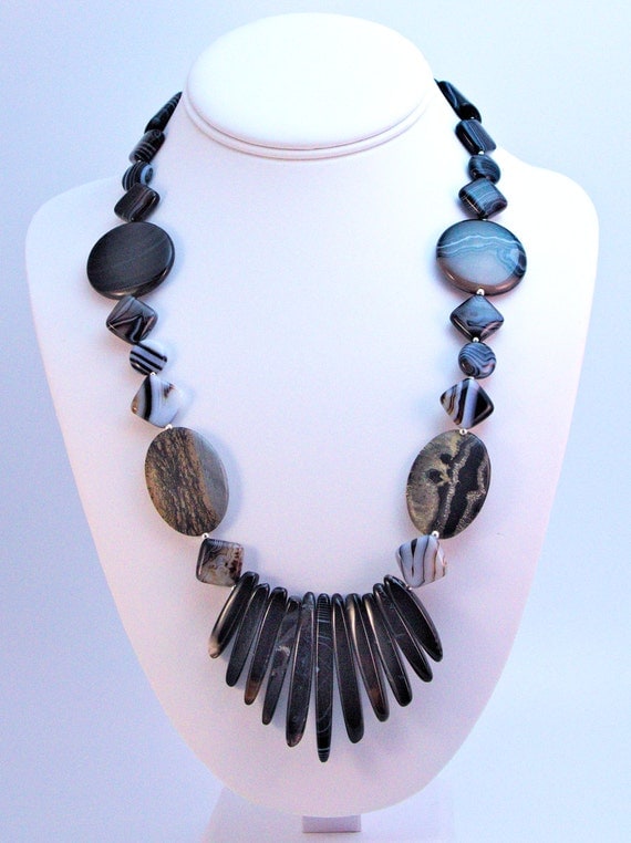 Elegant statement necklace of sardonyx, jasper, and sterling silver with Egyptian collar effect