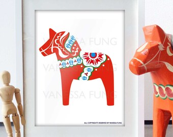 Scandinavian Folk Art Orange Dala Horse art print retro Scandinavian Style Design Dala horse poster wall Art