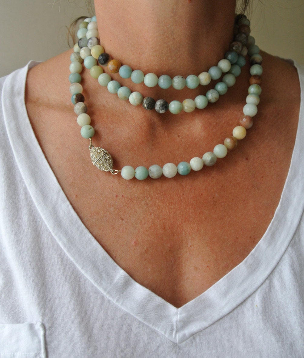 Extra long amazonite beaded necklace double wrap or triple