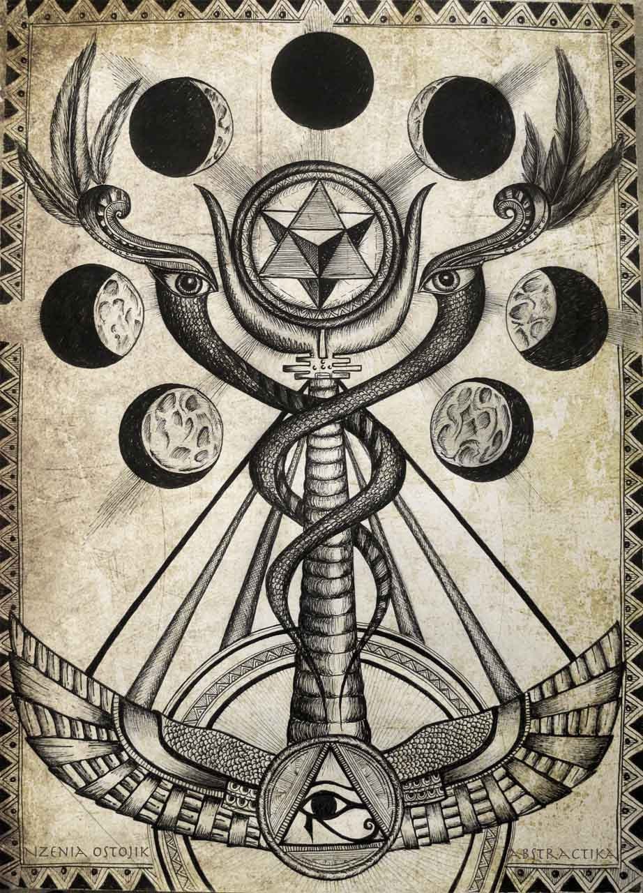 Caduceus of Mercury. Occult art esoteric by AbstractikaArtWork