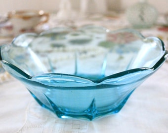 Vintage Aqua Glass Bowl with Scalloped Edges