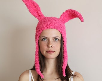 Pink Bunny Ears Hat, Funny Hat, Photo Prop, Soft Yarn Knitted Hat, Woman Hat, Girl Hat, Hot Pink Hat