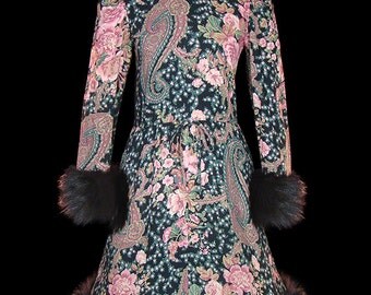 Yves Saint Laurent dress, vintage paisley challis with fox fur trims, bohemian russian style couture day office or evening
