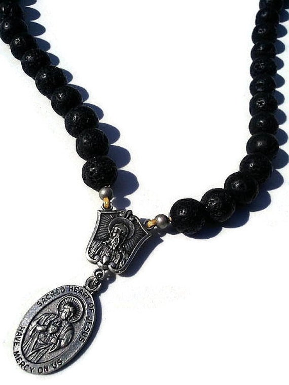 Black Rosary Necklace Mens Beaded Cross Necklace Catholic Rosary Mens Rosaries