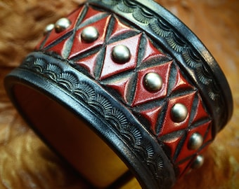 Leather cuff bracelet- American Cowboy King Black and Red Handcrafted for YOU in NYC by Freddie Matara
