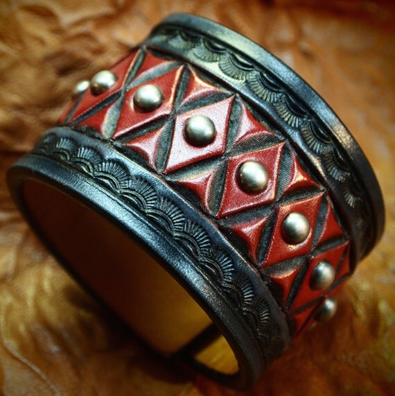 Leather cuff bracelet- American Cowboy King Black and Red Handcrafted for YOU in NYC by Freddie Matara