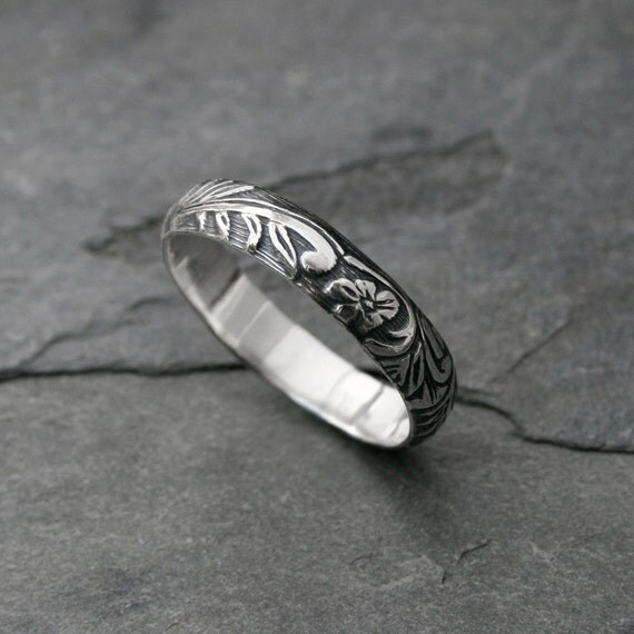 Sterling Silver Etched Ring Band, Embossed Stacking Ring, Floral ...