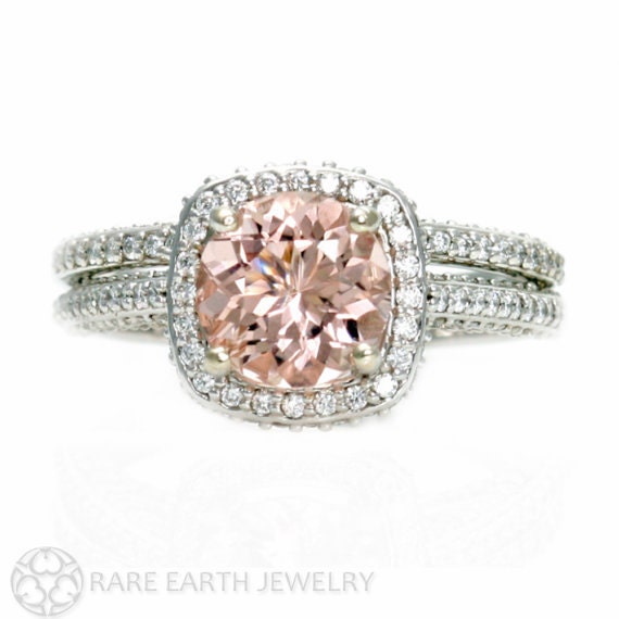 ... Wedding Set Diamond Halo Morganite Engagement Ring Custom Bridal Set