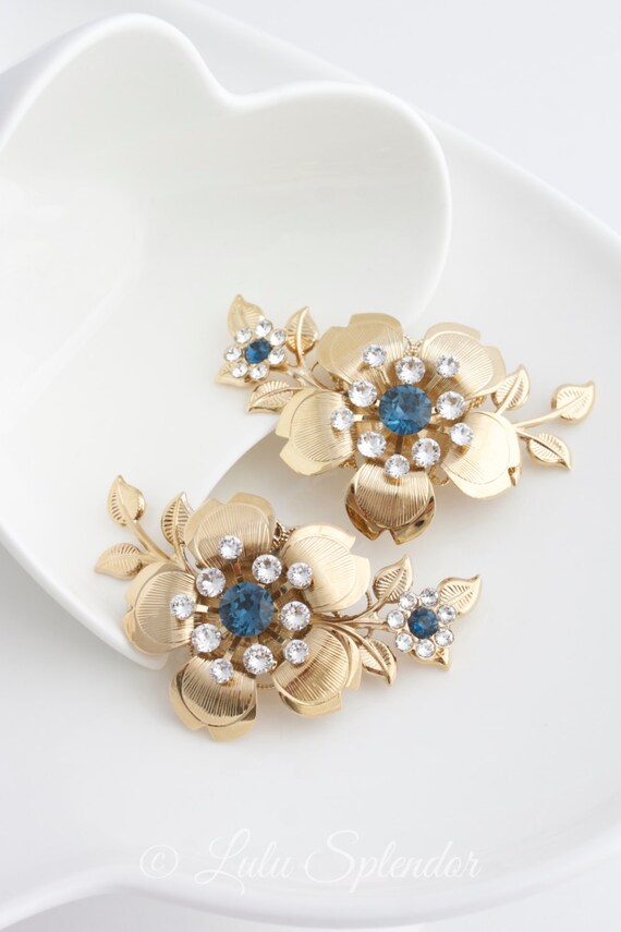 Gold Bridal Shoe Clips Montana Blue Crystal Sapphire Flower
