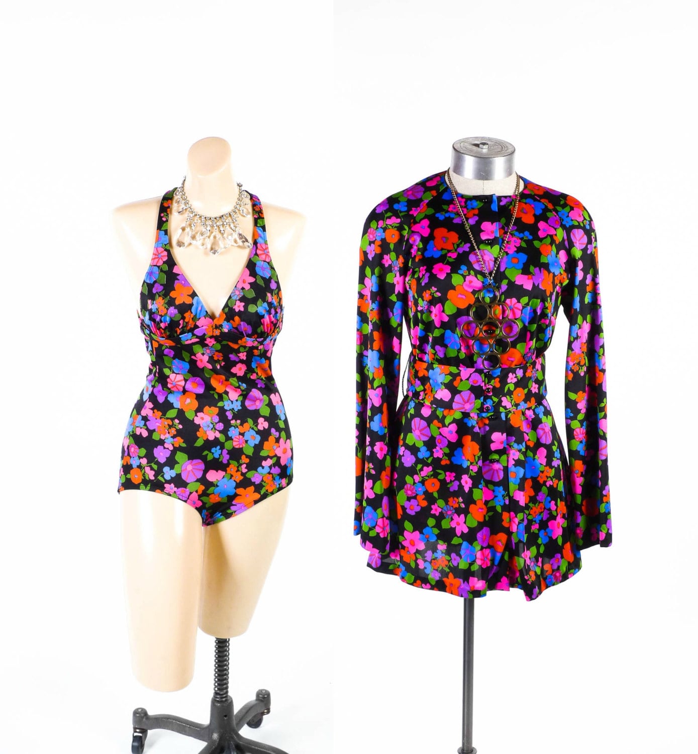 Vintage 70's Neon Floral Swimsuit w/ Cover Up // Cross