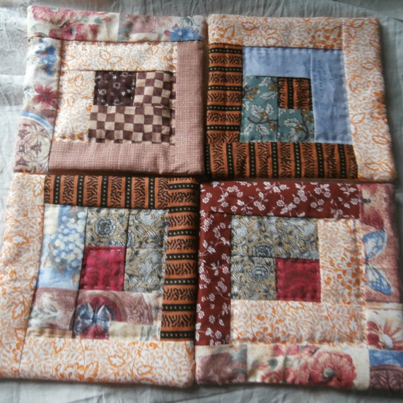 LOG CABIN QUILT Mug Rug Set Doilys Hand Quilted Fall Colors
