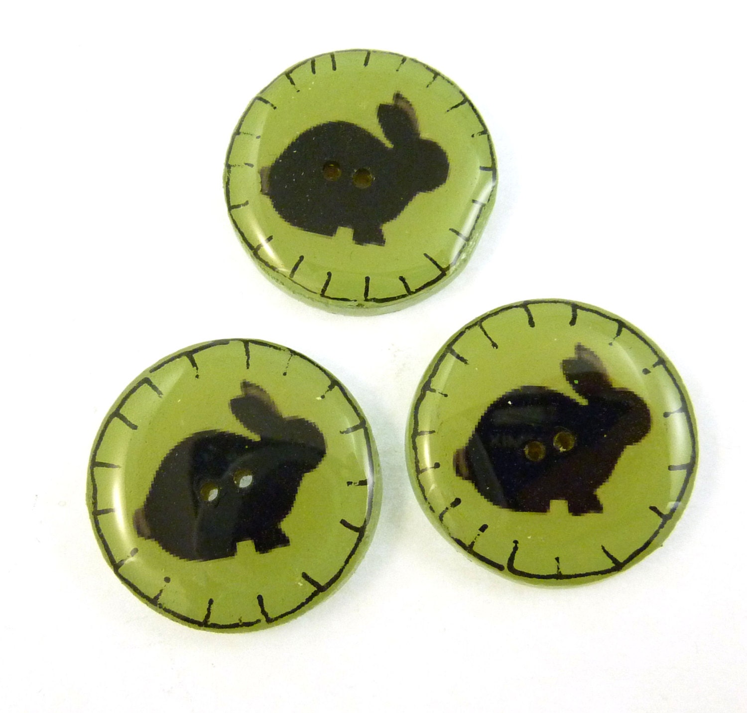 3 Wooden Rabbit Buttons. 1 or 25 mm Green by buttonsbyrobin