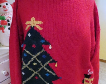 Ugly Christmas Sweater - Red Turtleneck Sweater - Christmas Tree & Choo ...