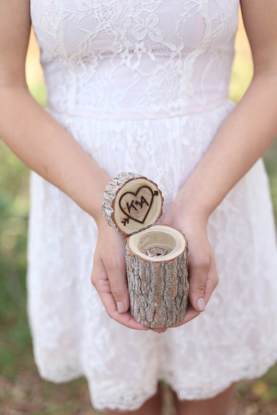 Personalized Rustic Wood Ring Bearer Pillow Box Alternative Tree Stump QUICK shipping available by braggingbags