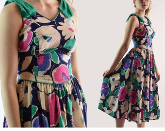 Vintage 80s Dress / Retro Floral Dress / Summer Sun Dress / Full Skirt Sleeveless Garden Party Dress / 1980s Vintage Dress / S Small