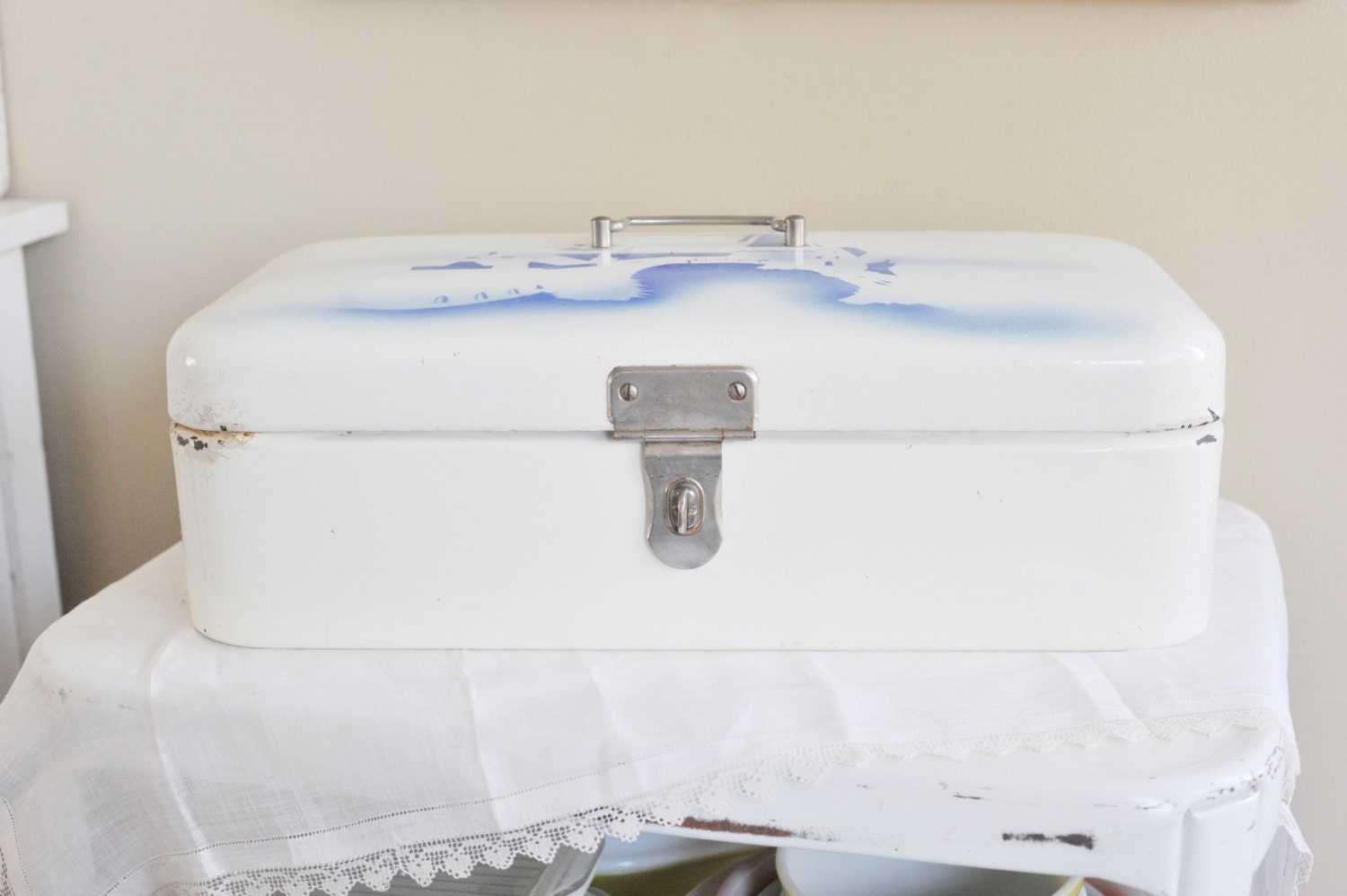 Blue and White Enamel Breadbox Vintage Bread Box Delft Blue