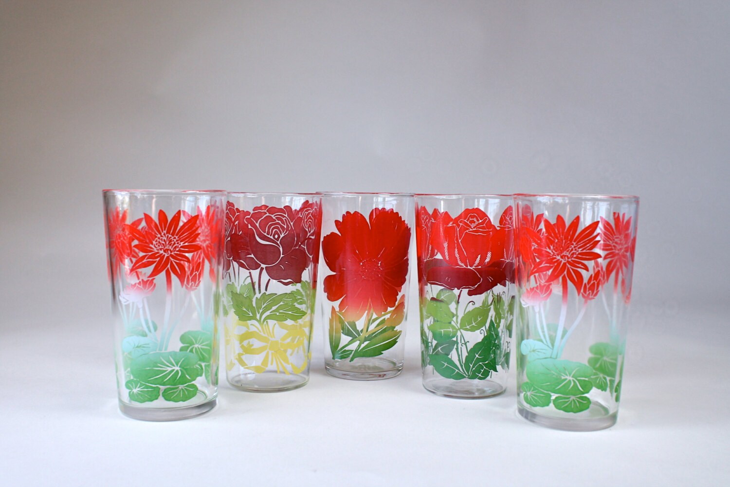 Vintage Red Flower Drinking Glasses Roses Lotus by ShopAtGeris