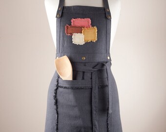 Convertible Full to Half Linen Apron. 100% Linen/Flax. Dark Gray.