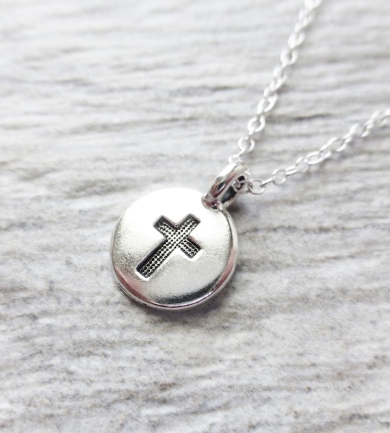Cross Charm Necklace Stamped Tiny Charm Circle Pendant Cross