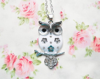 Owl Necklace, Owl Charm Necklace, Owl Pendant Necklace, White Owl Necklace, Pretty Owl Necklace, Rhinestone Owl Necklace, Big Owl Necklace