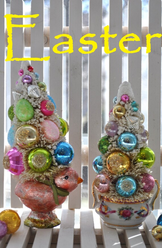 2 Easter Parade Bottle Brush trees shabby chick feather Tree