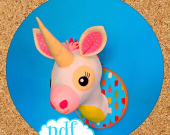 Unicorn sewing pattern. Faux taxidermy. Animal head. Felt Unicorn. Wall mount bust. Rainbow mane. Trophy head. Kids room nursery decor