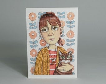 Portrait Art Postcard - Lucy and Cat