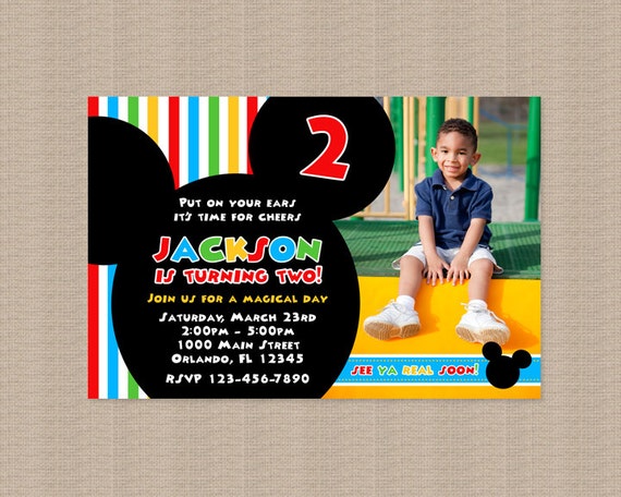 Mickey Mouse Clubhouse Birthday Party Invitation | Printable Mickey Mouse Invitation | Red Blue Green Yellow Stripes | Photo Invitation Il_570xn