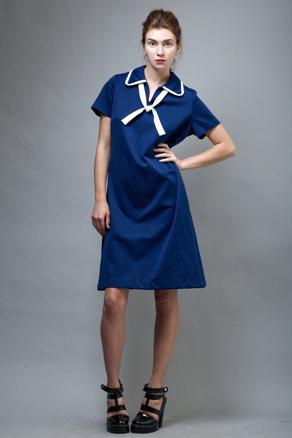 sailor dress vintage 60s dress MOD ascot nautical navy blue