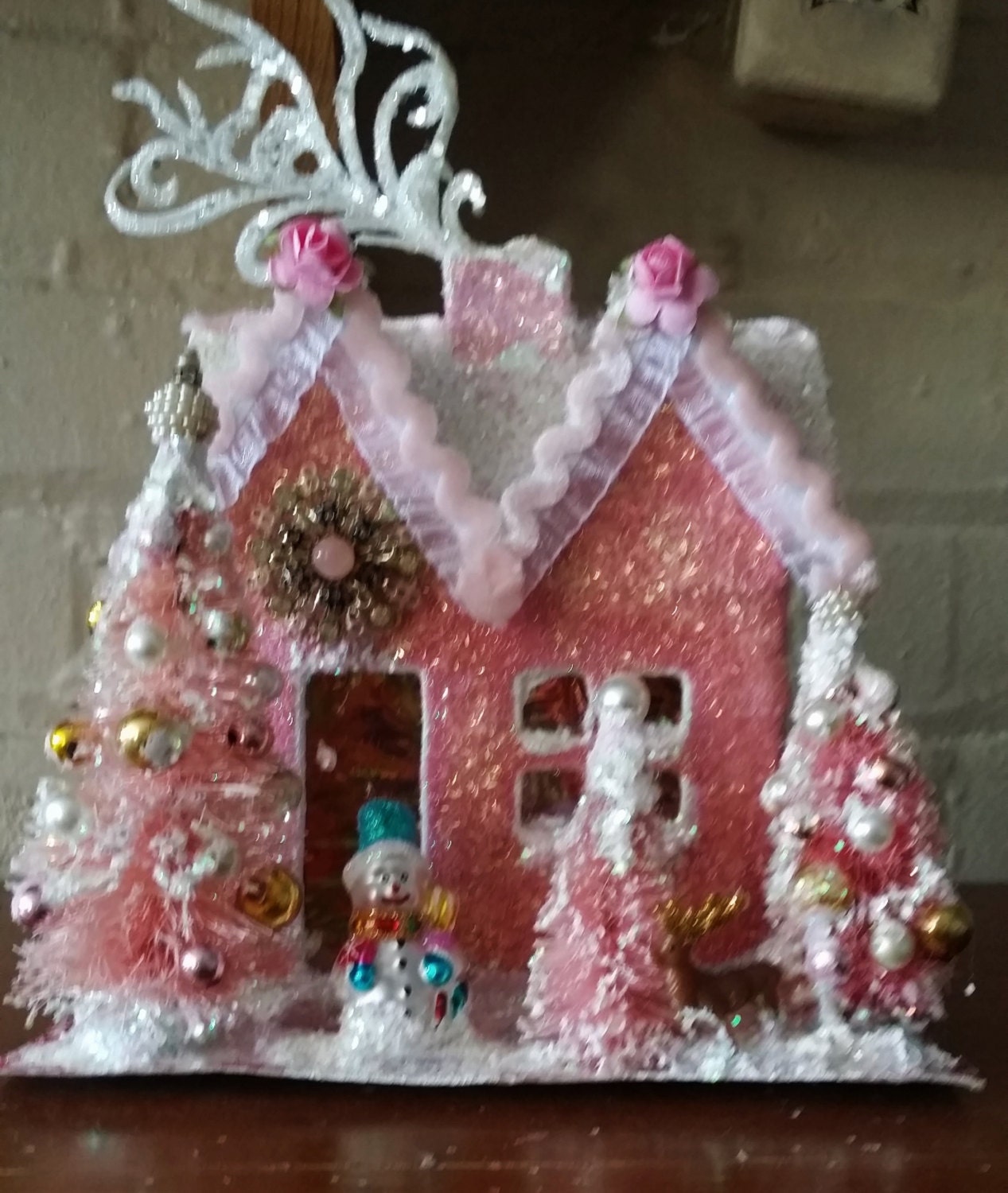 Pink Putz House with Glass Snowman Ornament Decorated Bottle Brush Trees Roses and Vintage Costume Jewelry One of a Kind Handmade Treasure