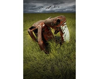 Vulture Buzzards circling over a GMC Auto Body Wreck Carcass on the Prairie No.00037 A Fine Art Surreal Fantasy Landscape Photograph