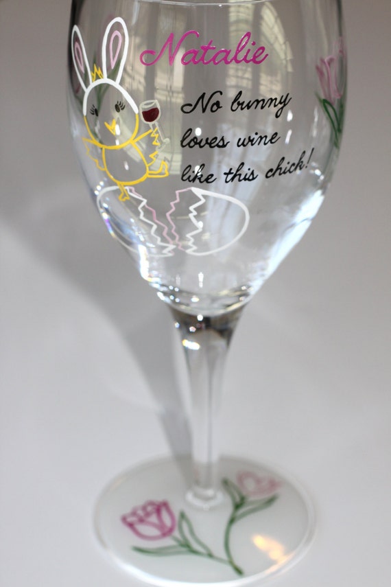 Items similar to Easter Wine Glass, Spring Glasses, Chick, Bunny