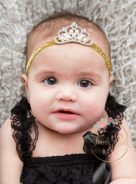 Baby Headband, Gold Tiara Headband, Baby Tiara, Princess tiara Headband,Baptism headband, Christening Headband,Hair bows, Crown Headband. by ThinkPinkBows