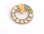 Rhinestone Circle Brooch, Double Hearts, Goldfilled Brooch Mothers Pin Grandmothers Pin