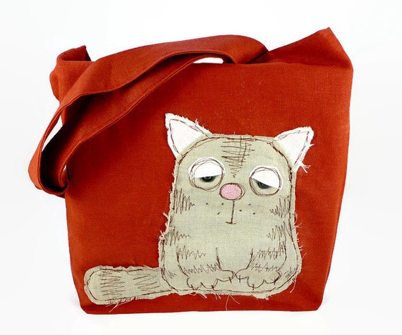 Cat Tote Bag. Personalized Shopping Bag. Linen Bag. Ooak Shoulder Bag ...
