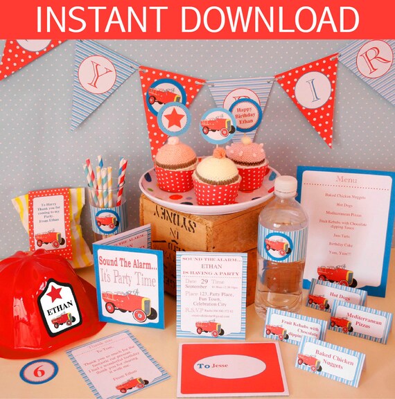 Fire Truck Birthday Party Printable Kit - INSTANT DOWNLOAD -BONUS Editable Hat Labels Il_570xn