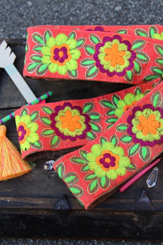 Neon Peach Blossom LAST PIECES Bright Floral Embroidered Silk