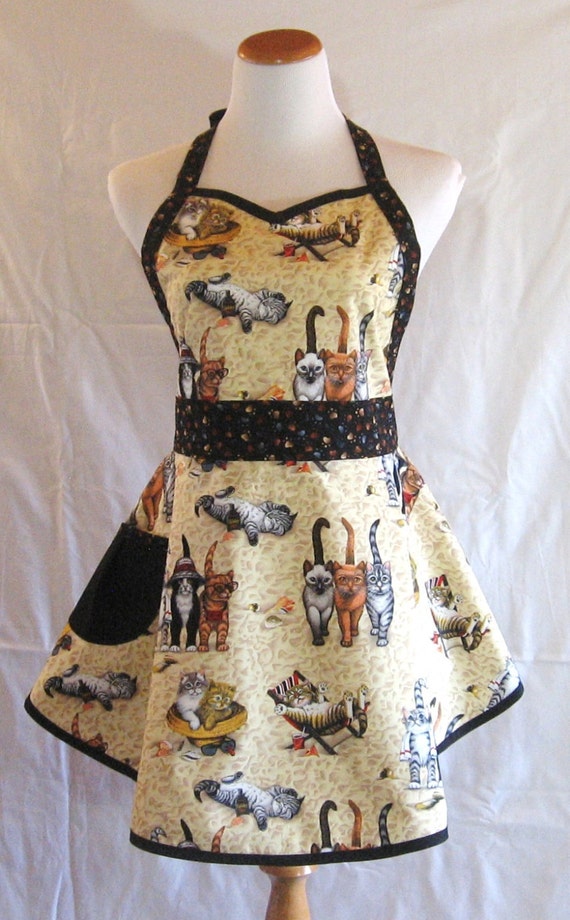 Womens Cotton Kitty Cat Apron in Sweetheart Fit & Flare Style