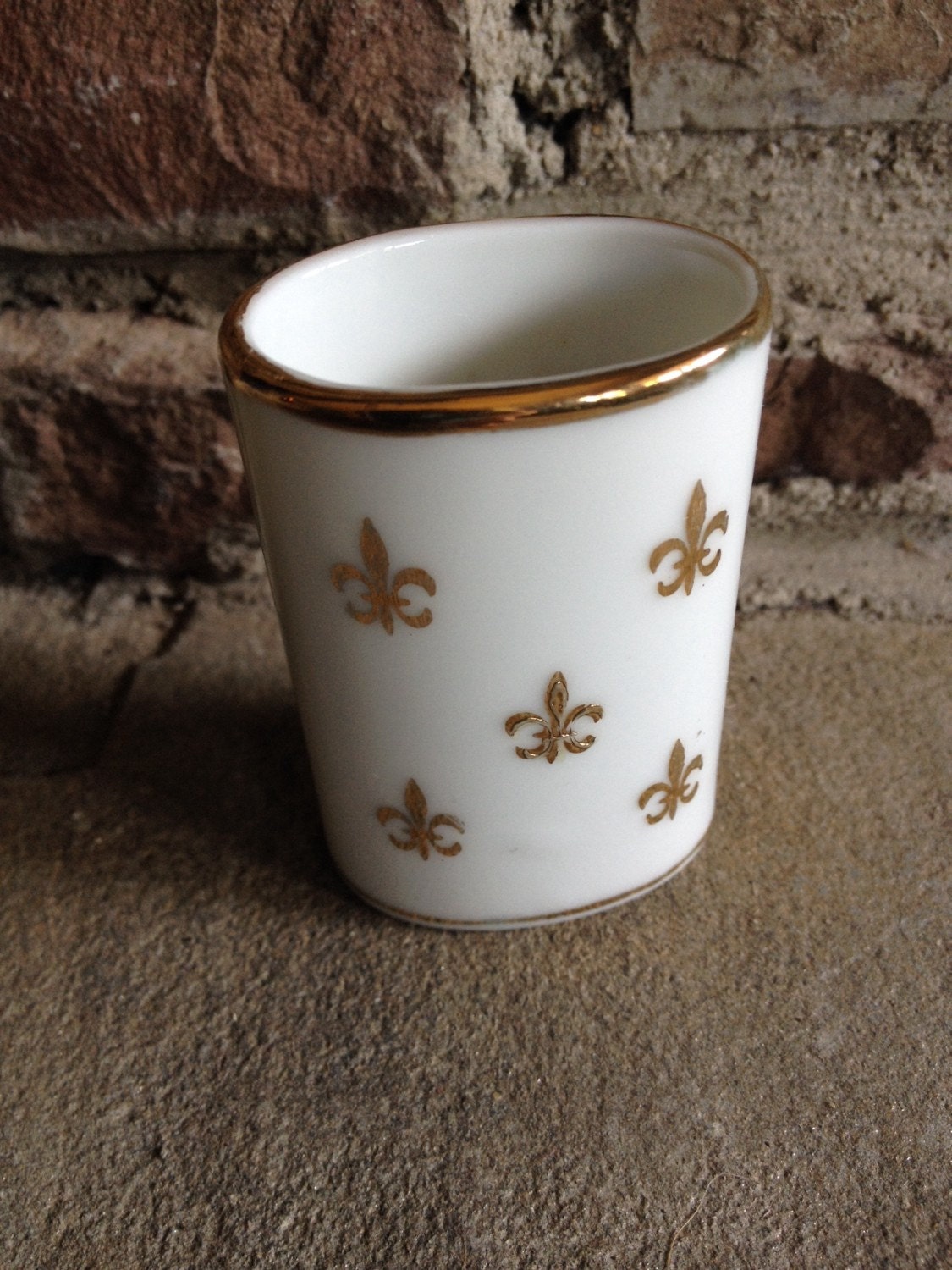 Vintage Toothpick Holder Fleur de Lis Ceramic White & Gold