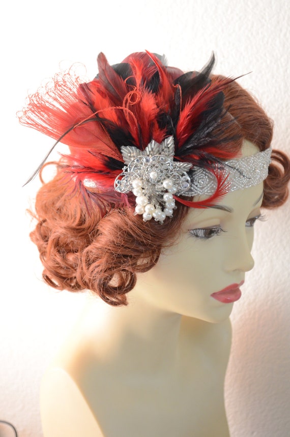 READY TO SHIP, Black and Red feather headband,gatsby headpiece,1920s headband,Flapper, Black feathers, beaded rhinestone headband